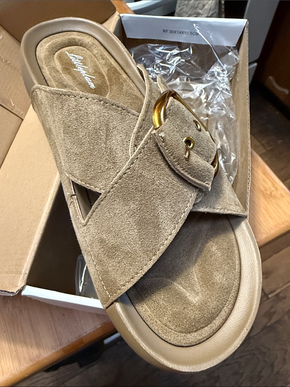 Little PlumTaupe Suede Slide with Gold Buckle